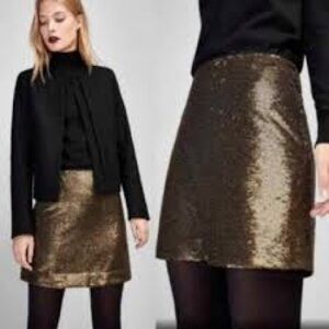 NWT Massimo Dutti Women's Gold Sequin Mini Skirt Lined Zipper SMALL